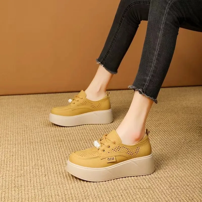 Churchf Spring And Summer New Korean Version Fashion Round Head Deep Mouth Thick Front Lace Hole Casual Single Shoes Women