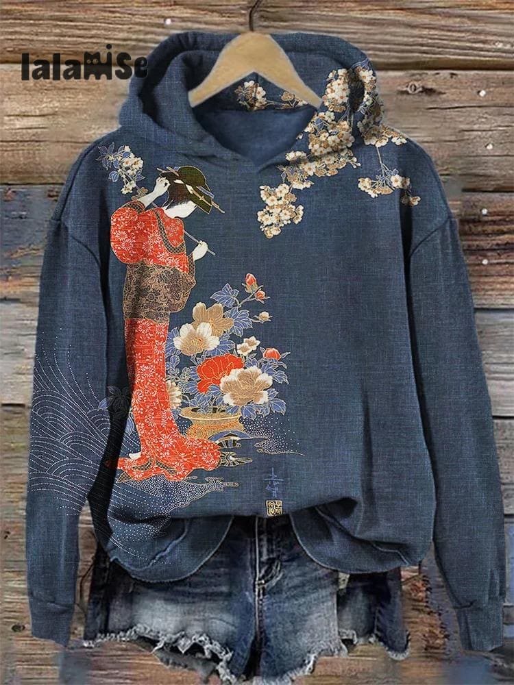 Elegant Japanese Geisha With Flowers Art Vintage Print Casual Sweatshirt Blue / S