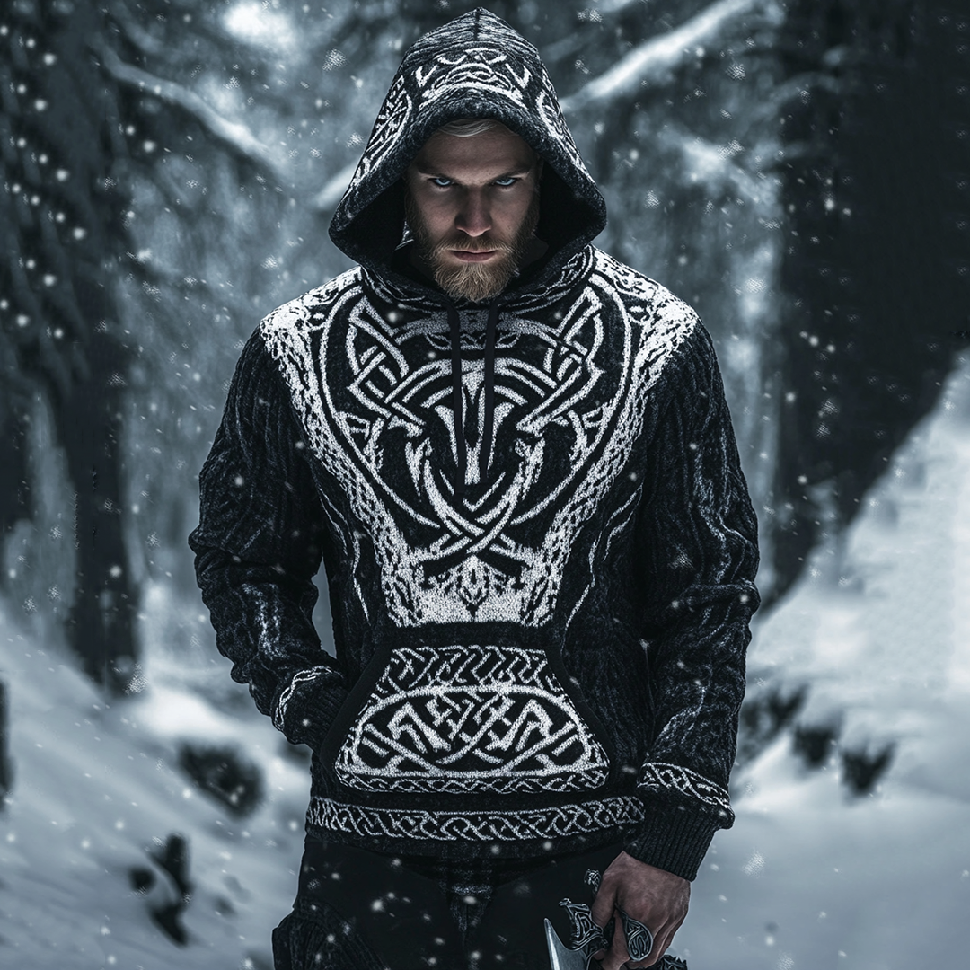 Men's Viking Tribal Wolf Jacquard Celtic Inspired Chunky Knit Hooded Sweater