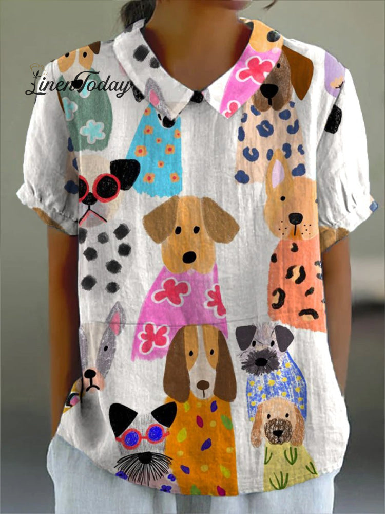 Women&rsquo;s Colorful Cartoon Puppy Print Casual Cotton And Linen Shirt Multicolor / S