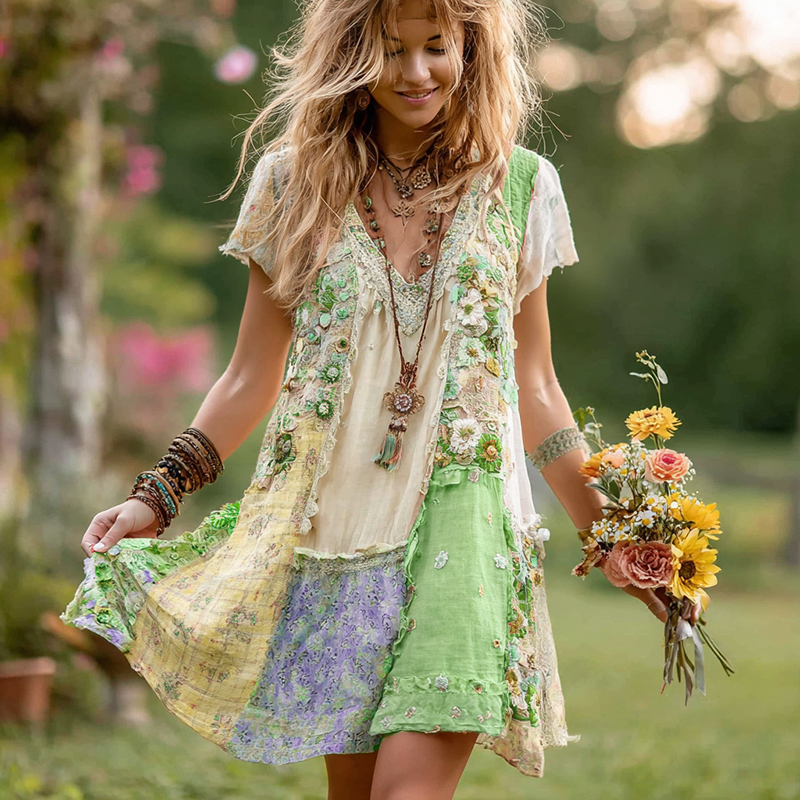 Women's Retro Floral Splicing Cotton And Linen Short Dress elevenforest
