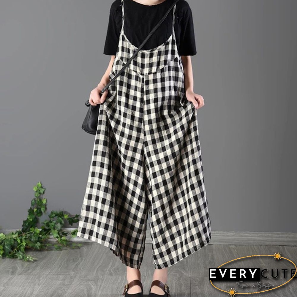 Women Loose Bib Pants Ladies Checked Suspenders Baggy Overalls Sleeveless Jumpsuit