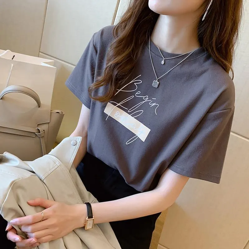 Brownm Brownm New Summer Fashion Foreign Style Print Round Collar Short Sleeve T-Shirt Women's Loose Half Sleeve Shirt Bottom Shirt