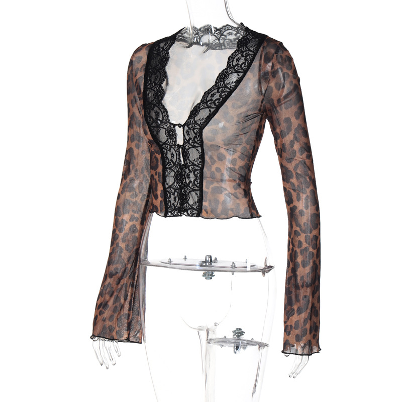 Ootddress Women's Sexy Mesh See Through Tee Shirt Summer Leopard Print Deep V Slim Long Bell Sleeve Fit Evening Club Partywear Top