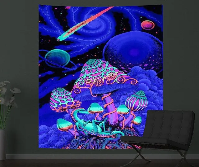 3m*1.8m Fluorescent Tapestry Psychedelic Mushroom Jellyfish Hanging Cloth Home Wall Decoration Glow Under Ultraviolet Light