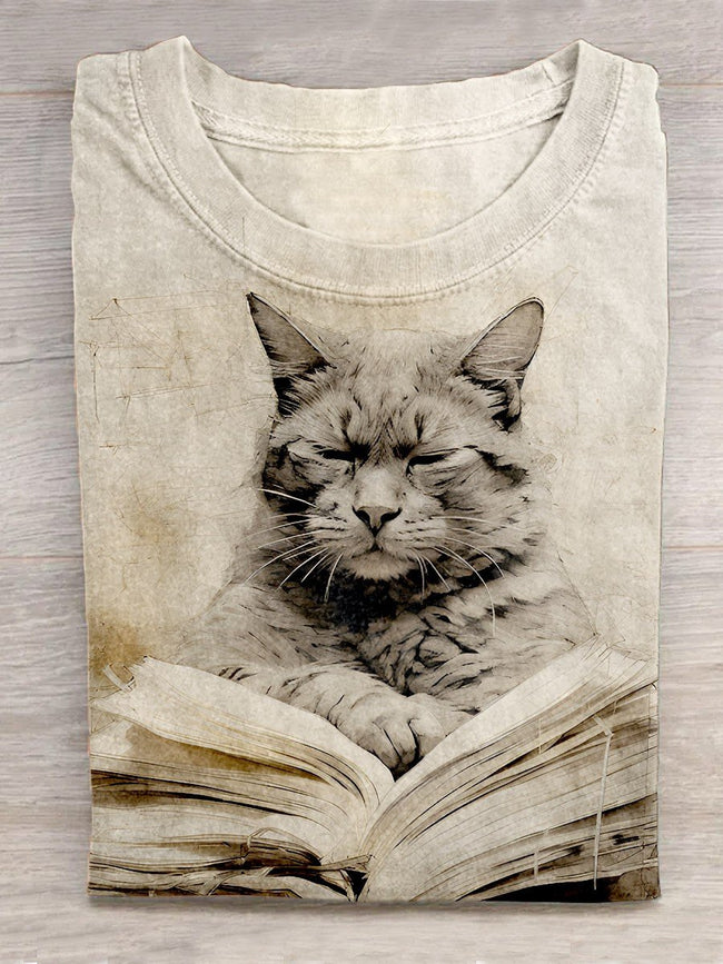 Reading And Pensive Cat Creative Design T-Shirt