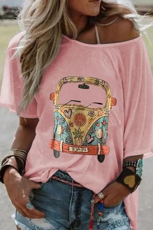Bus Printed Short Sleeve One Shoulder T-Shirt
