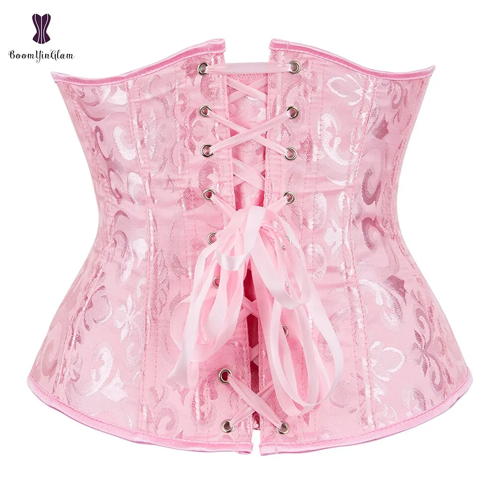 Jacquard Floral Underbust Corset Pink Blue Black White Coffee Lace Up Boned Waist Cincher Shaper Outfit