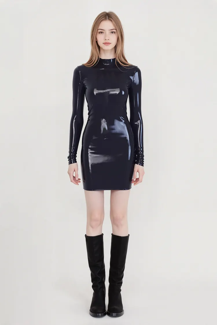 Women Latex Dress Mini Long Sleeve