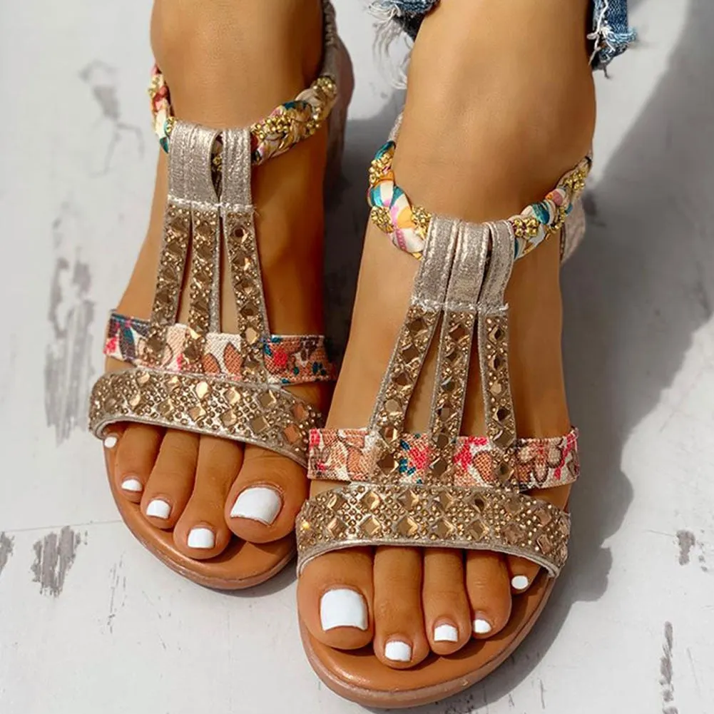 2020 New Wholesale Gladiator Wedge Heels Elastic Band Crystals Summer Women Shoes Woman Sandals Leisure Beach Sandals