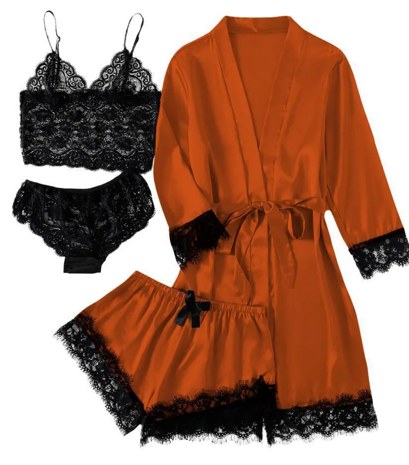 Churchf 2021 New Ladies Pajamas Four-Piece Sexy Sling Skirt Set Home Lace Pajamas Set