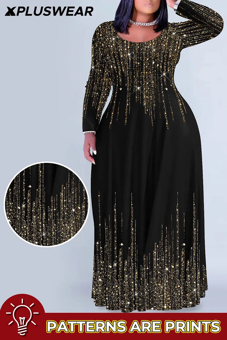 Plus Size Formal Black Gradient Round Neck Long Sleeve Maxi Dresses