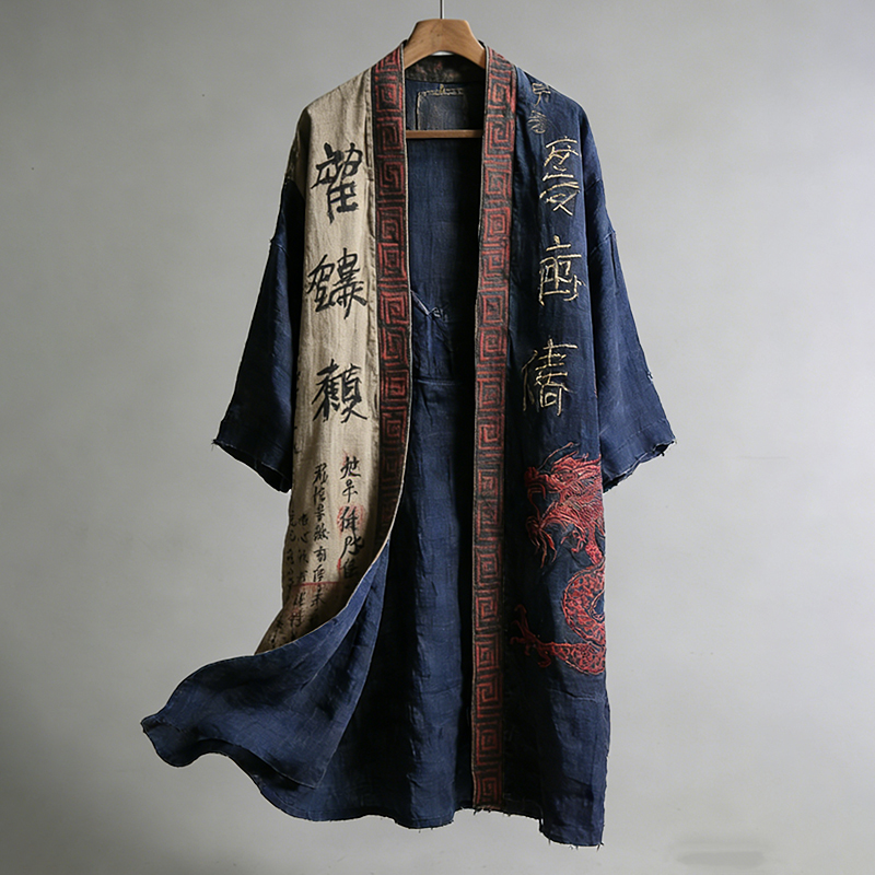 Men's Japanese Dragon Pattern Calligraphy And Painting Art Linen Long Kimono artswardrobe