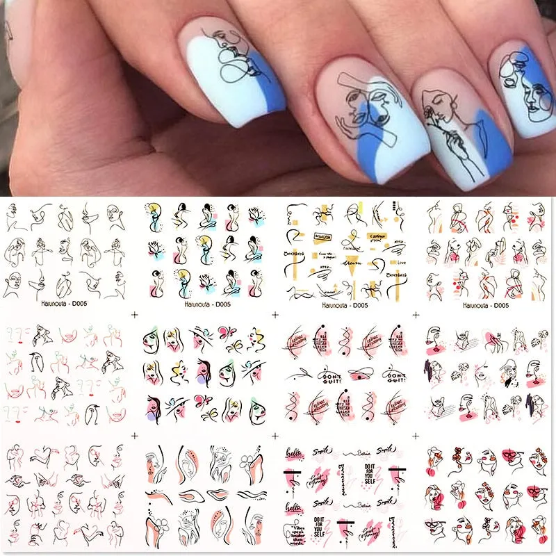 12Pcs Flower Leaf Geometric Lines Water Decals Spring Floral Butterfly Transfer Sliders Paper For Nails Decoration Manicures