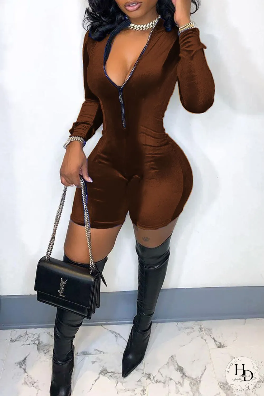 Pink Fashion Casual Solid Patchwork Zipper Collar Skinny Romper
