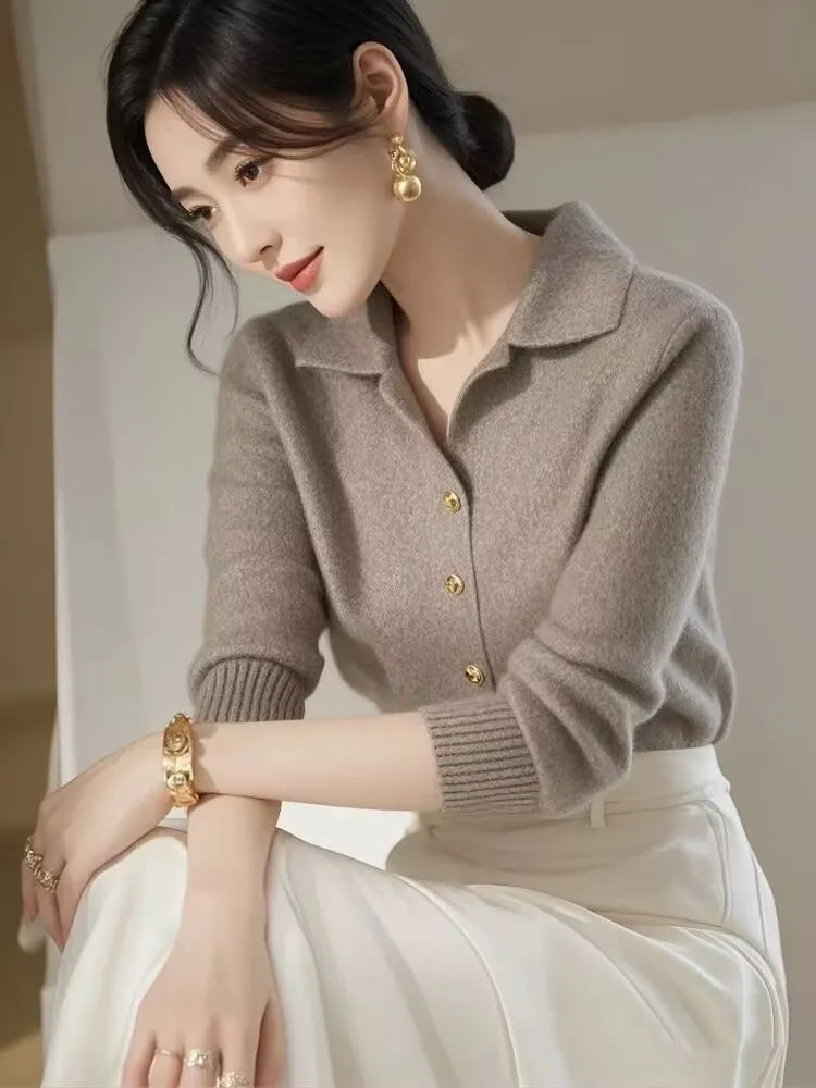 Athvotar Athvotar Polo Collar Long-Sleeved Knitted Shirt 2025 European Blouse French Elegant Thin Outer Wear Bottom Sweater Woman