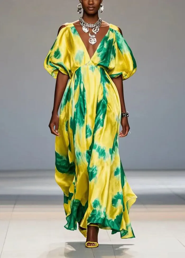 Beautiful Yellow Cold Shoulder Print Silk Maxi Dresses Lantern Sleeve Summer