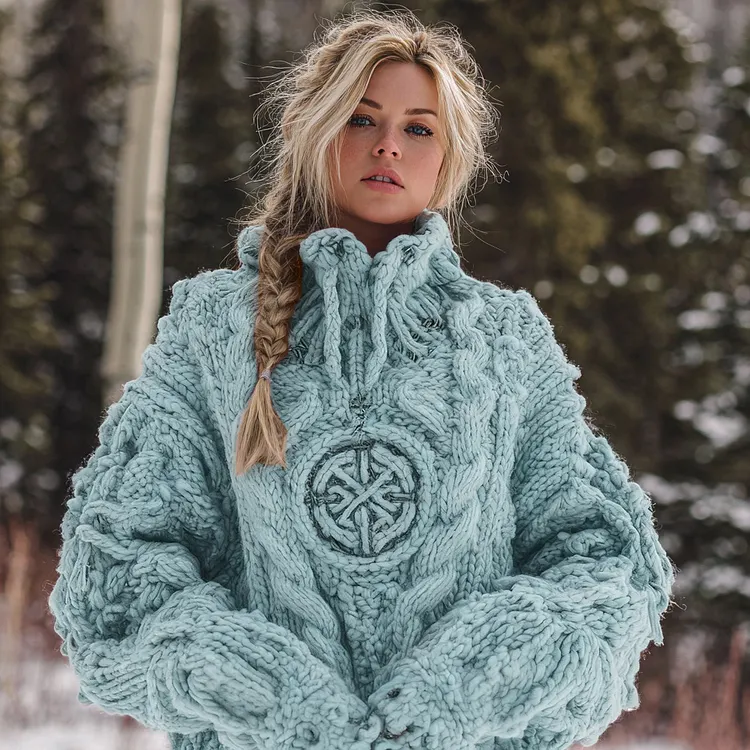 Women's Viking Celtic Knot Rune Knit Jacquard Warm Turtleneck Sweater