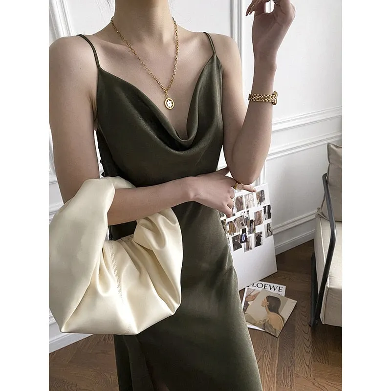 Ordifree 2022 Summer Vintage Women Satin Slip Dress with Slit Black Spaghetti Strap Silk Sexy Long Party Dress