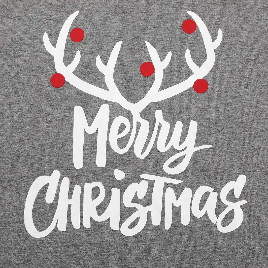 MERRY CHRISTMAS Antler Print Grey Top with Black and Red Plaid Pants Family Matching Pajamas Set JJF-005