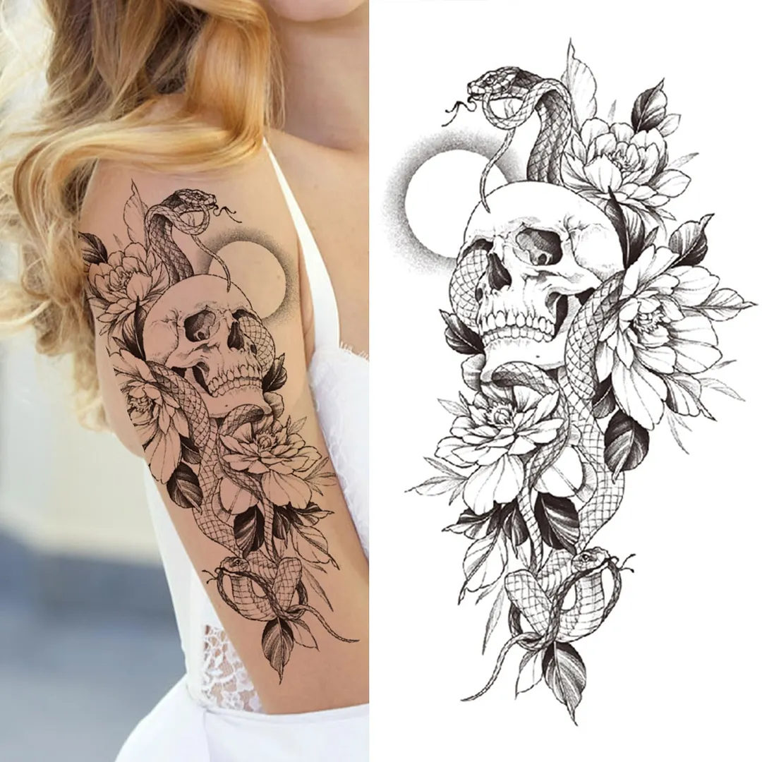 3D Snake Rose Temporary Tattoos For Women Girls Fake Flower Tattoo Sticker Black Death Eaters Dark Mark Mamba Snake Peony Tatoos 515-1