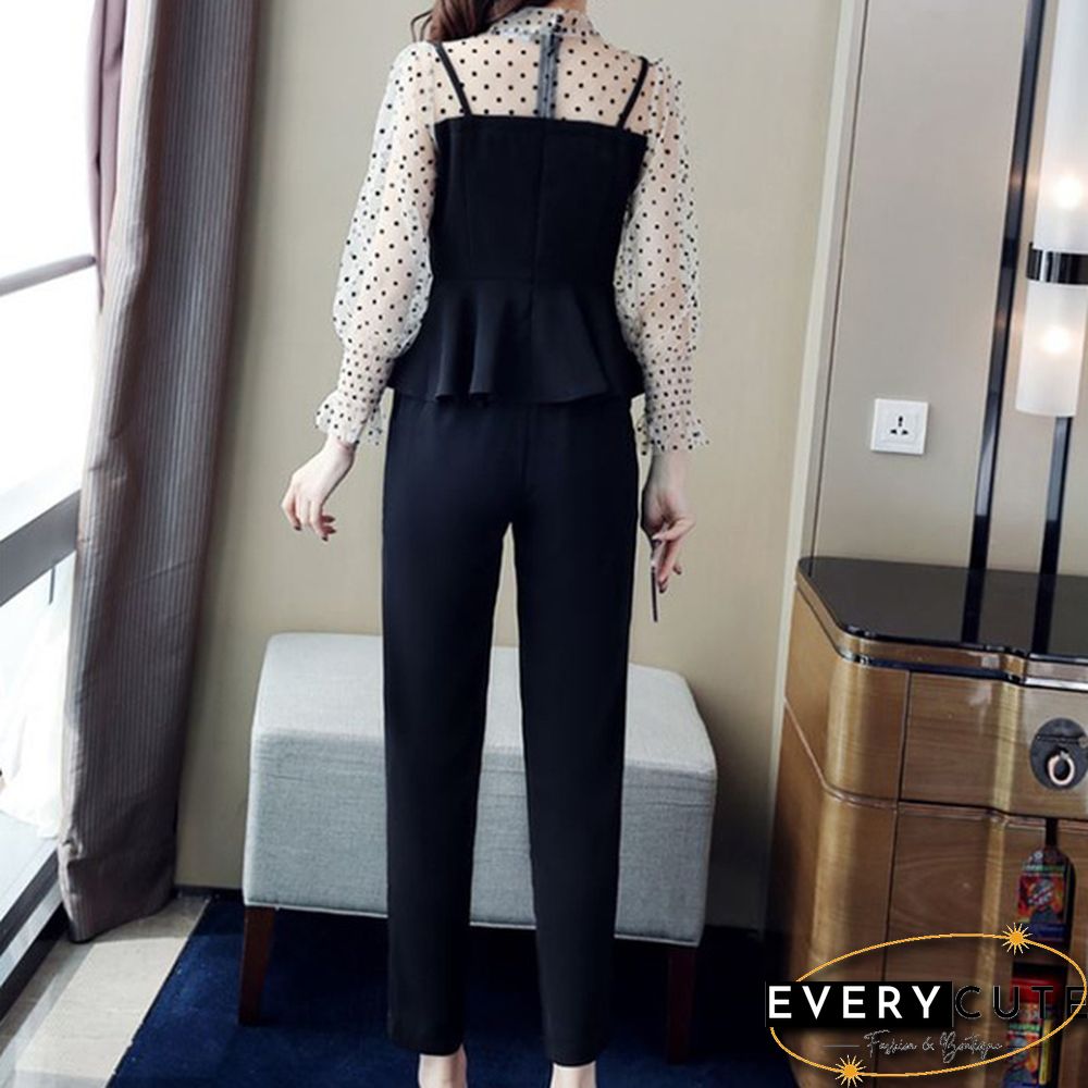 Office Fashion Two Piece Pants Sets Outfits Women Bow Dot Print Patchwork Tunics Tops + Pants Suits Korean Workwear Sets