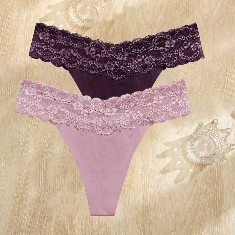 FINETOO 2PCS/Set Gstring Seamless Women Lace Pantys Girls Thongs S-L Fashion Sexy Underwear For Woman Lingerie Floral Panties