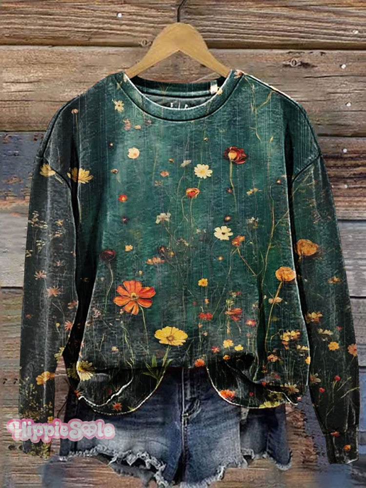 Vintage Floral Art Print Casual Sweatshirt Multicolor / S