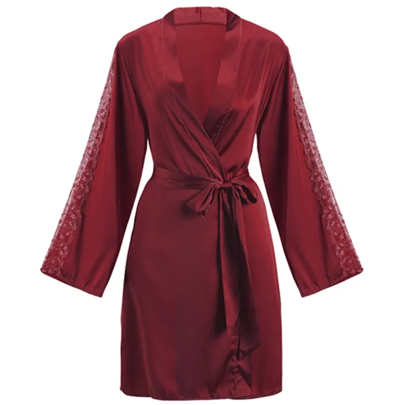 CINOON Sexy Female Sleepwear Silk Robe Set Summer Kimono Bathrobe Lace Bath Gown Wedding Night Dress Home Clothes Nightwear