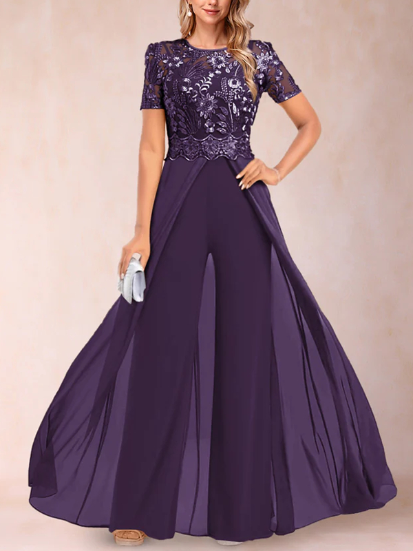 A-Line/Princess Scoop Short Sleeves 2 Pieces Pantsuits with Applique