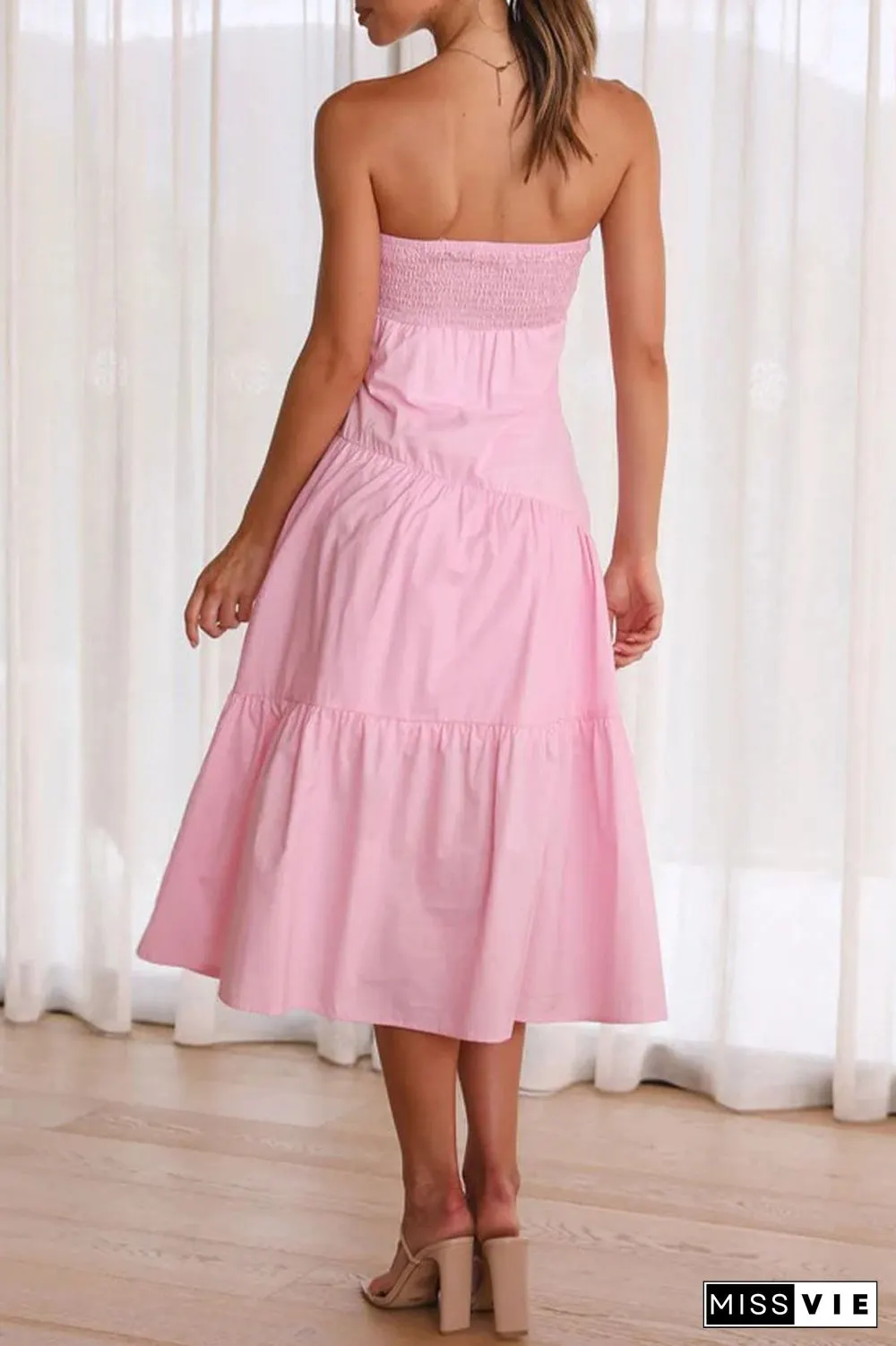 Sweet Elegant Solid Fold Strapless Waist Skirt Dresses