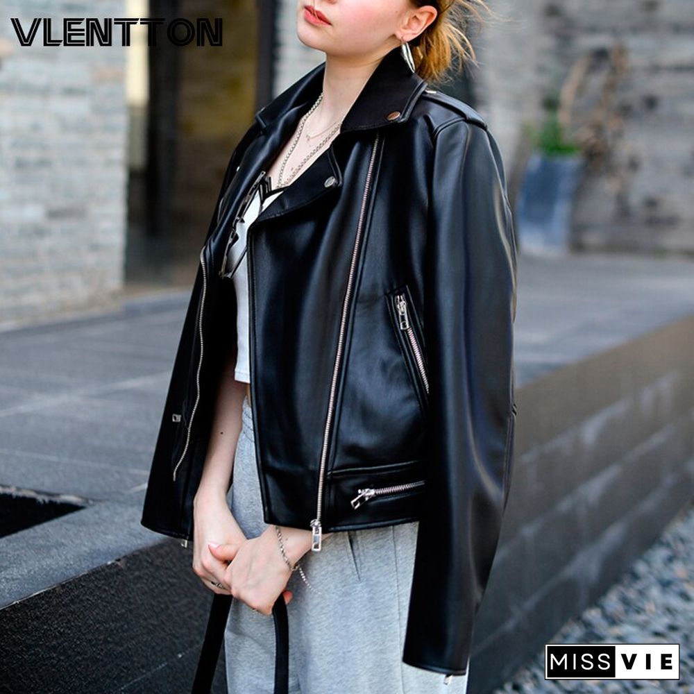 New Spring Autumn Women Black Soft Faux Leather Short Jacke Lapel Zipper Motorcycle Coat