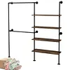[US Local Warehouse] 14.6x76x82.7Inch Industrial Pipe Clothing Rack with Hanging Rods Heavy Duty Clothes Organizer Large Capacity Display Hanging Garment Rod Wooden Clothes Storage Shelves for Walk In Closet