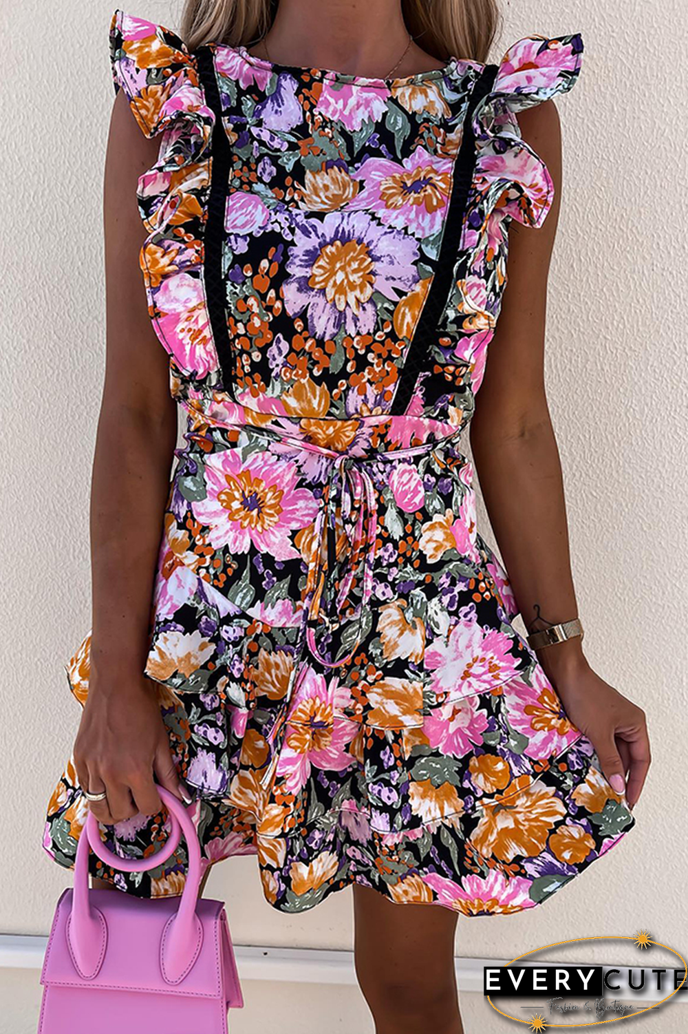 Fashion Print Flounce O Neck Cake Skirt Dresses