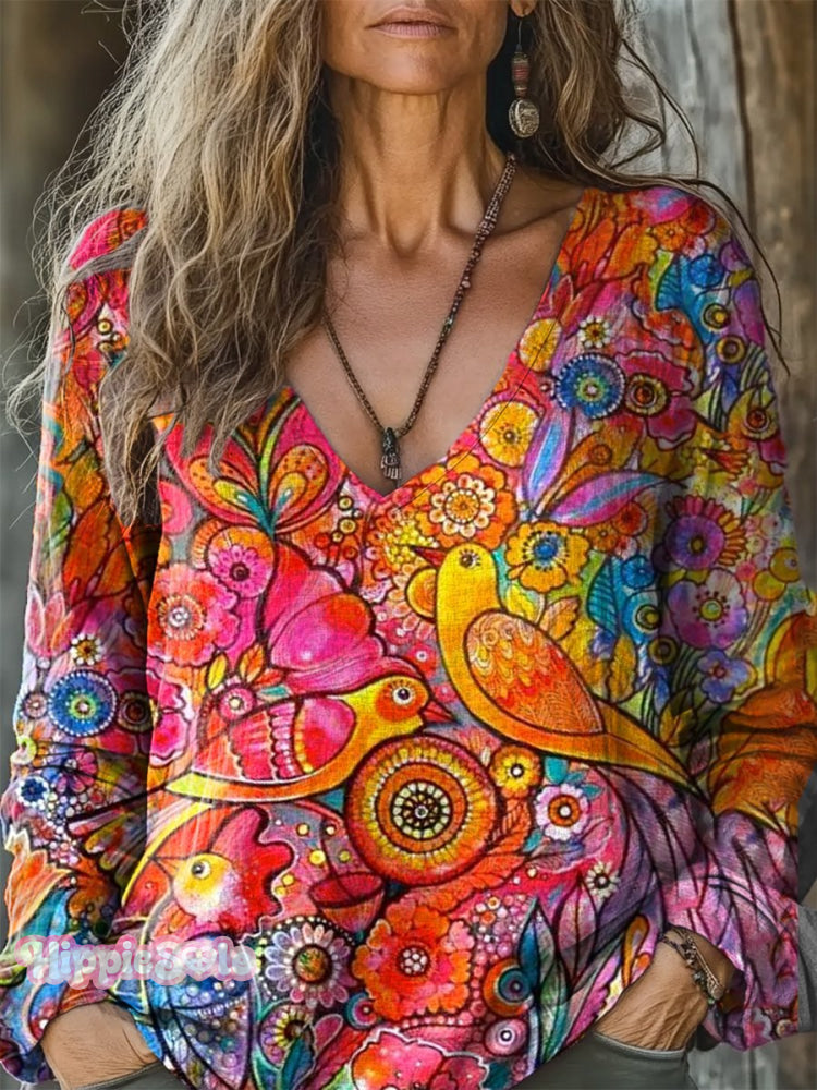 Women&rsquo;s Boho Ethnic Floral Art Print Casual Long Sleeve Comfortable Cotton Shirt Multicolor / S