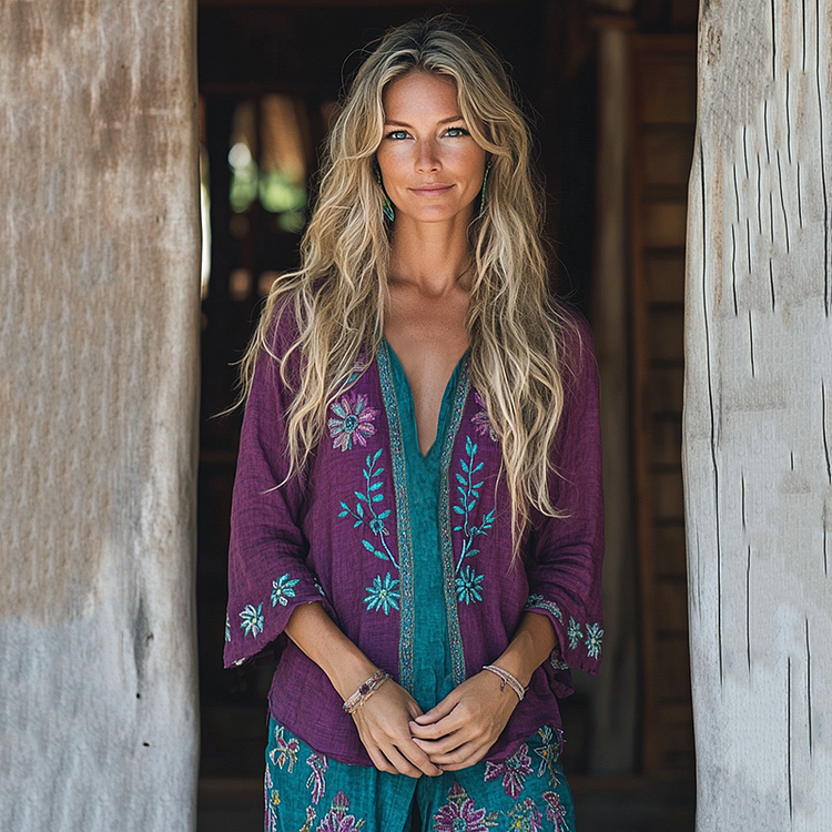 Retro Boho Tribal Floral Embroidery Print Cotton And Linen Blend Loose Blouse