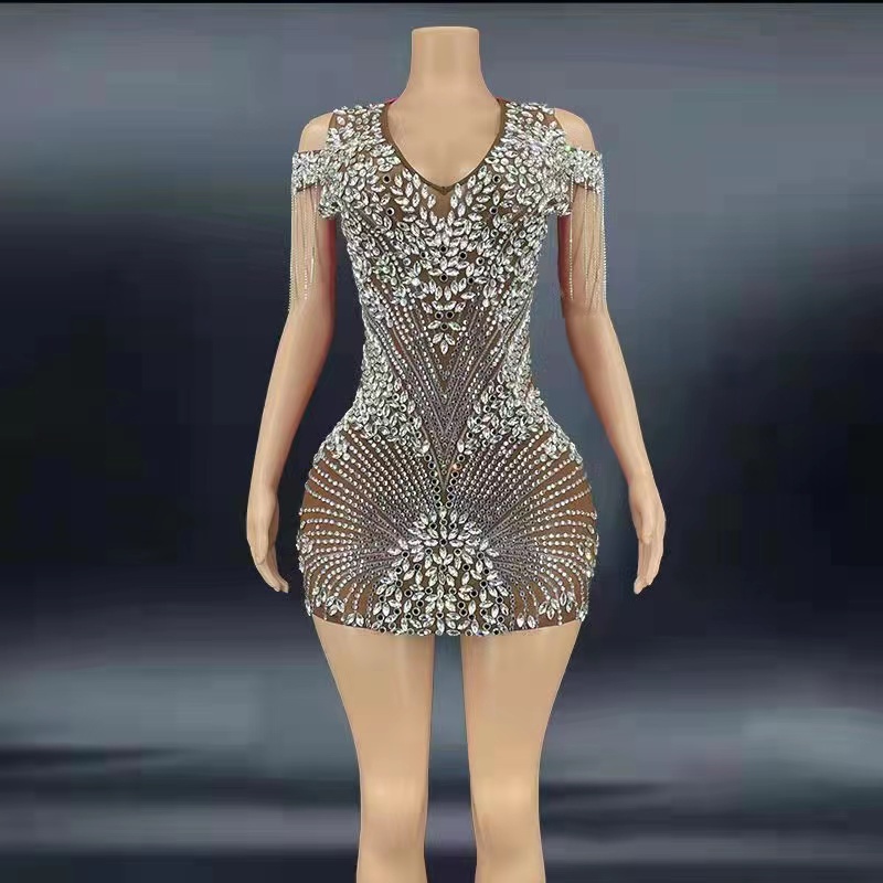 GOOSHOE Clothing Glitter Diamond Dresses For Girls V-Neck Advanced Woman Club Outfits For Prom Party