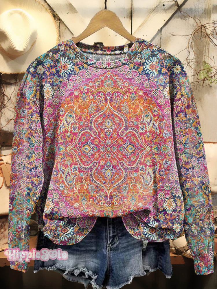 Women&rsquo;s Vintage Boho Floral Totem Art Print Casual Sweatshirt Multicolor / S