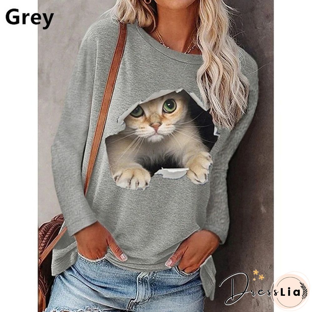 XS-5XL Plus Size Fashion Women Spring and Autumn Casual T-shirts Long Sleeve Hoodies Cute Cat Print Pullover Tops Round Neck Tops