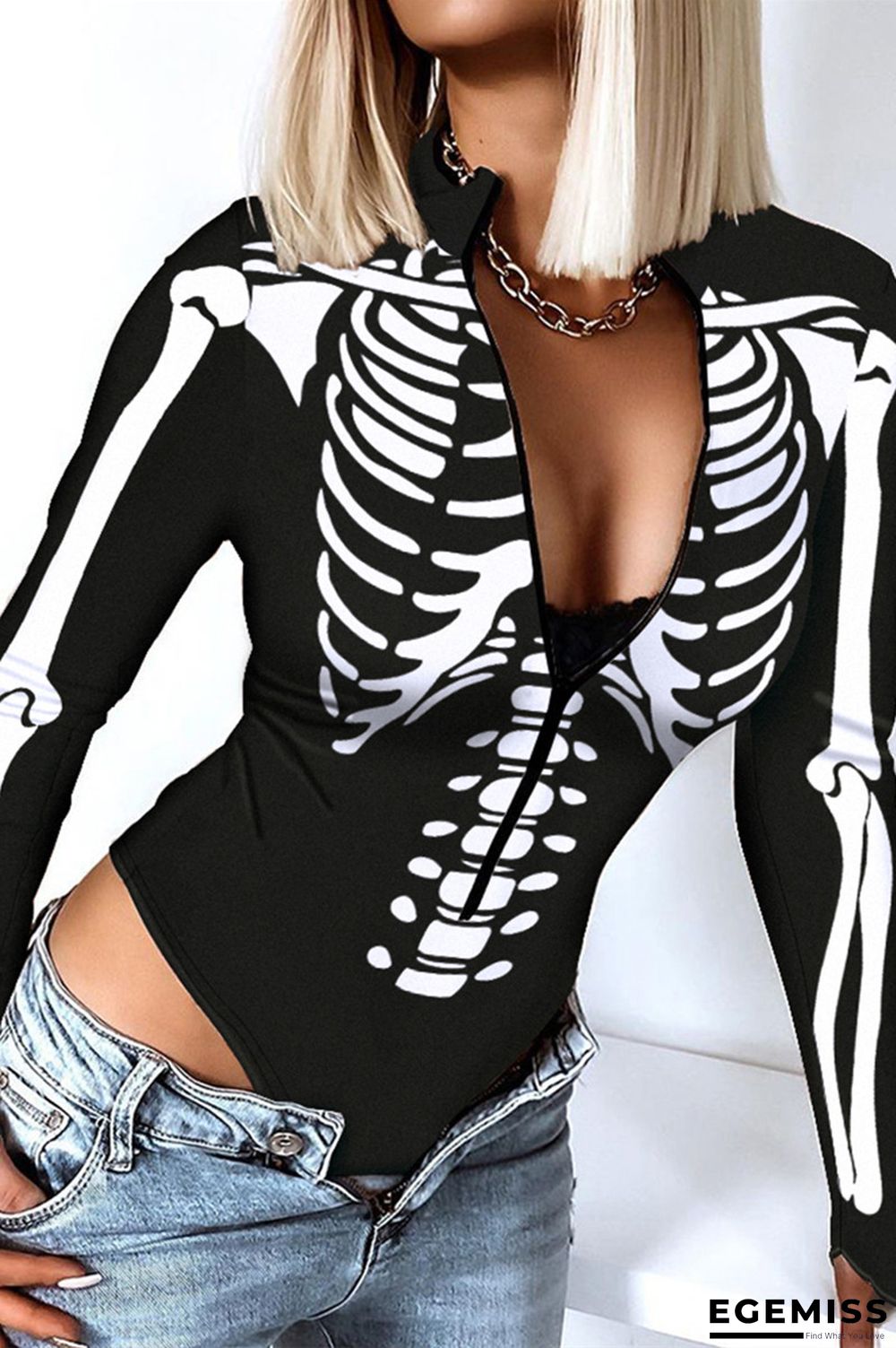 Black Casual Print Patchwork Zipper Collar Skinny Romper | EGEMISS