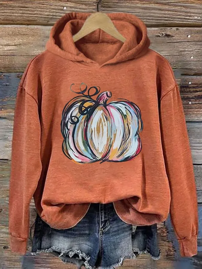Women's Watercolor Pumpkin Thanksgiving&Halloween Print Hoodie 