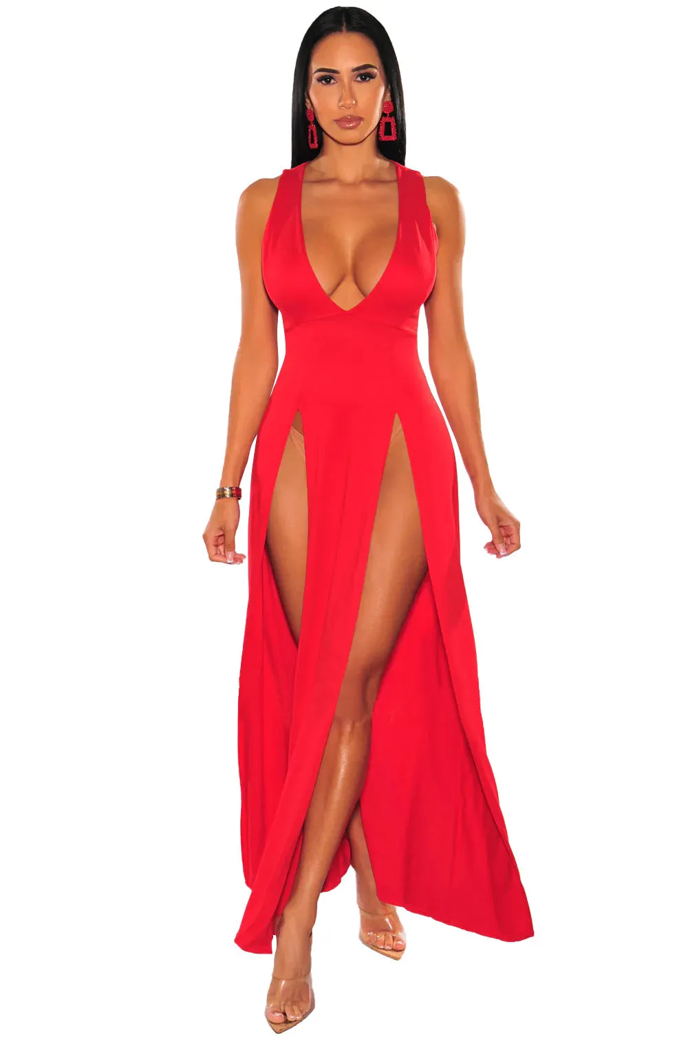 Brownm Summer Long Deep V Split Multi-color Dresses