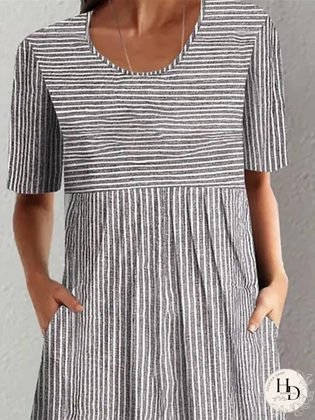 Casual Dress Summer Dress Print Dress Stripe Ruched Pocket Crew Neck Midi Dress Active Fashion Outdoor Daily Short Sleeve Regular Fit Gray Summer S M L XL XXL for Women