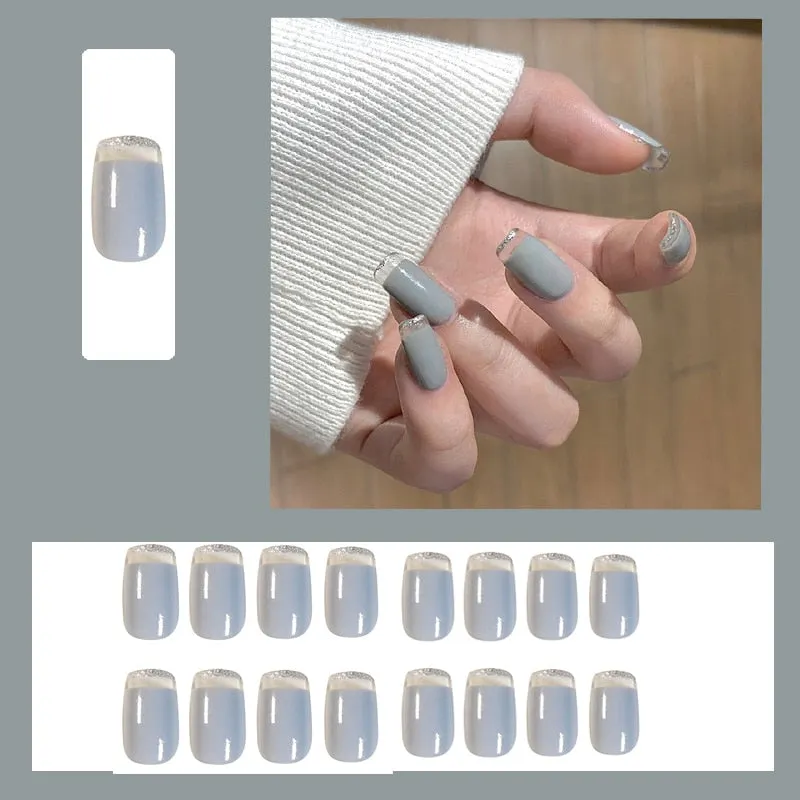 24pcs/box Blue Dye With Sequins Decorated press on nail tips Frosted Square Head Short Wearable Full Cover fake nails with glue-Nail Inspo