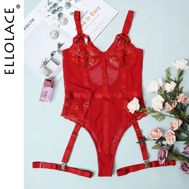 Ellolace Sexy Red Bodysuit Women Bodycon Lace Hollow Out Underwire Lingerie Body Sleeveless Top High Cut Bodysuit with Crotch