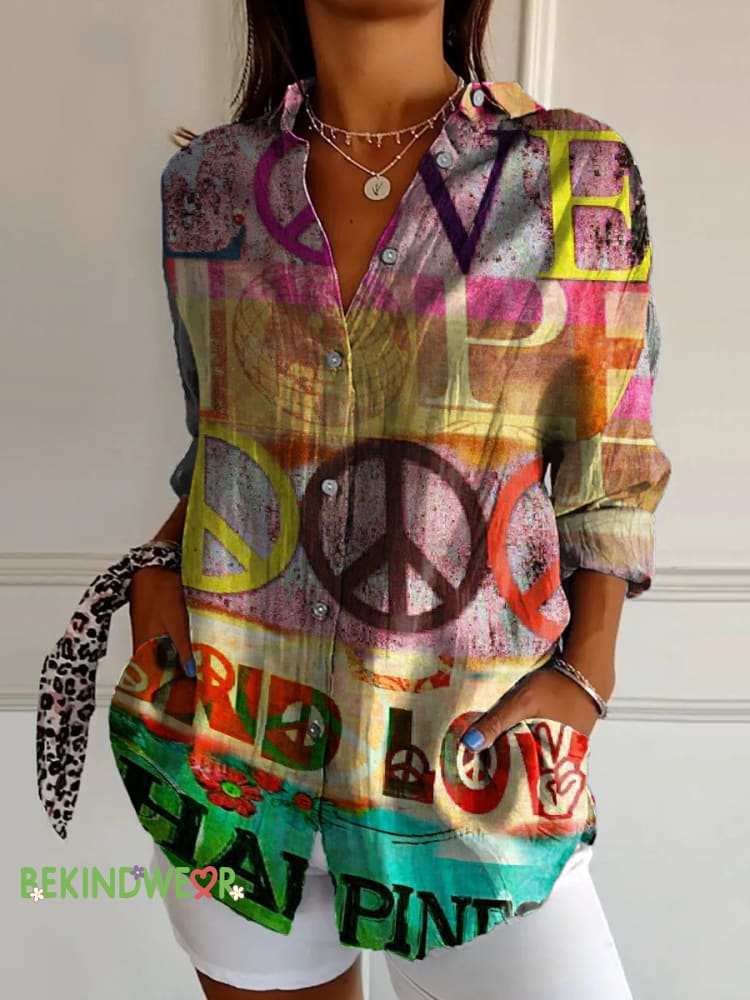 Peace Love Hope Happiness Printed Casual Cotton Linen Shirt Multicolor / S