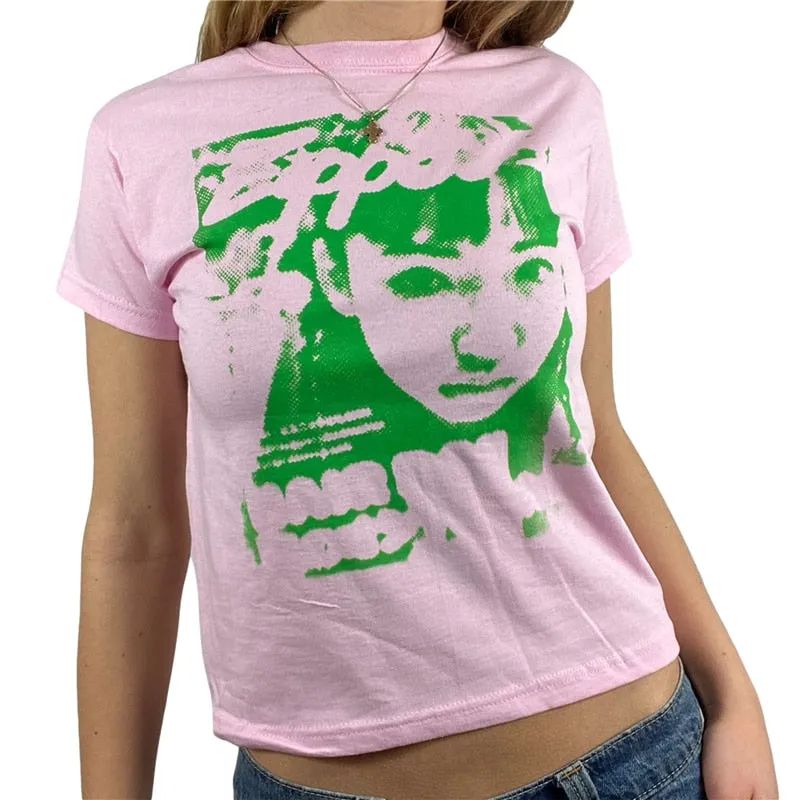 Xingqing Y2K Summer Short Sleeve T-shirt Girls Creative Figure Printing Round Collar Tops Slim Base Shirt Harajuku Tee Top