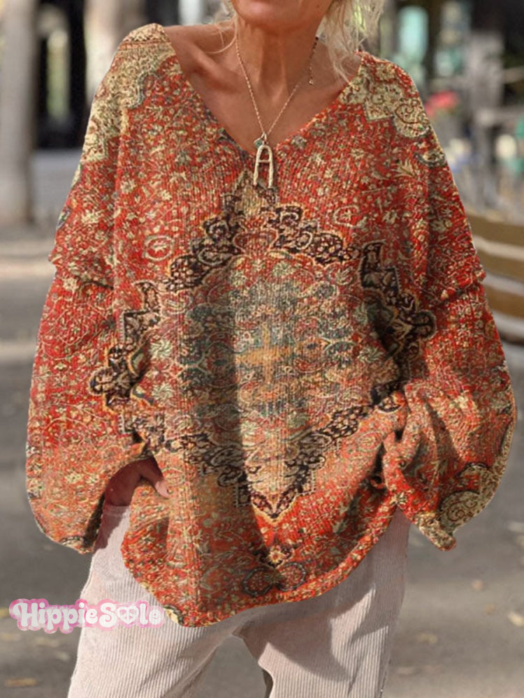 Women&rsquo;s Boho Ethnic Totem Pattern Casual V Neck Pullover Sweater Multicolor / M
