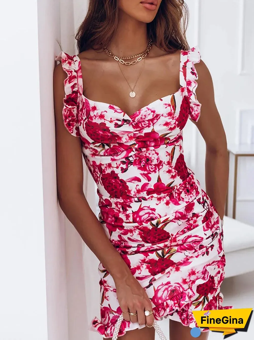Summer Sexy Spaghetti Mini Dress For Women Floral Print Elegant Ladies Ruffles Party Bodycon Slim Irregular Dresses Femme