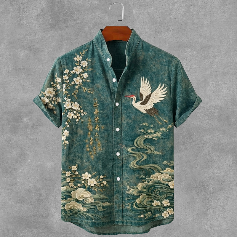 Japanese Style Cherry Blossom And Crane Art Embroidered Short Sleeve Shirt elevenforest